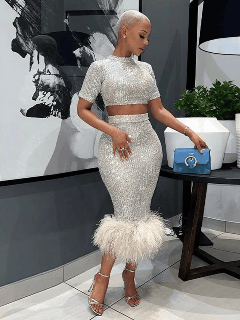 Sequin Two Piece Set Top And Low Feather Skirt white