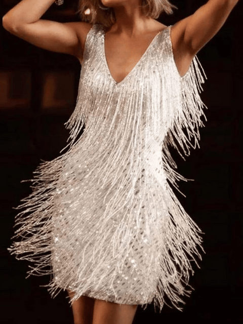 Fringe Sequin Dress white