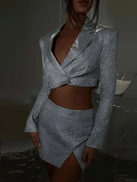 Silver Sequin Two Piece Set Skirt And Top