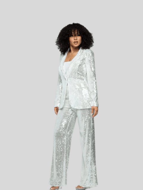 White Sequin Two Piece Blazer And Pants Set