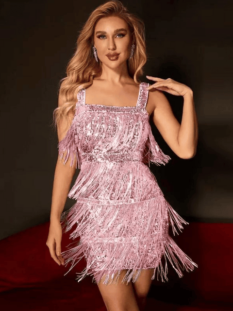 Sequin Fringe Strapless Dress pink