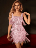 Sequin Fringe Strapless Dress pink