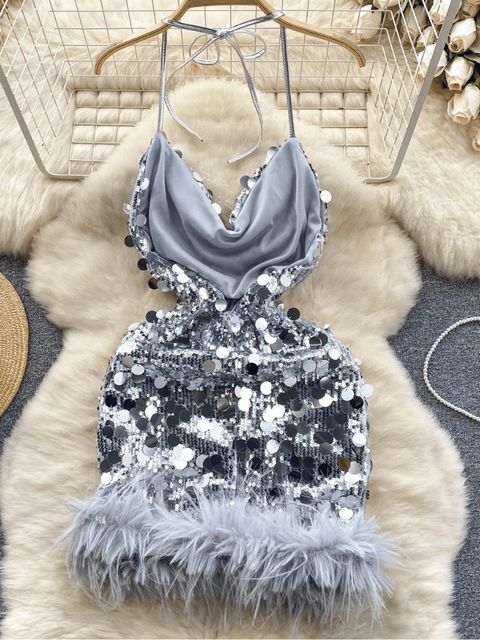 Silver Sequin Feather Dress