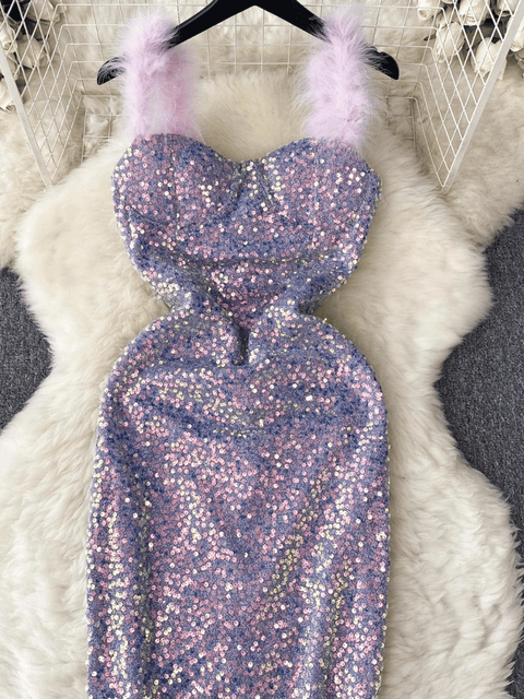 Purple Sequin Dress Feather Strap