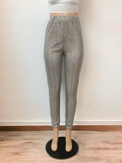 Sequin Pants Slim High Waist gray