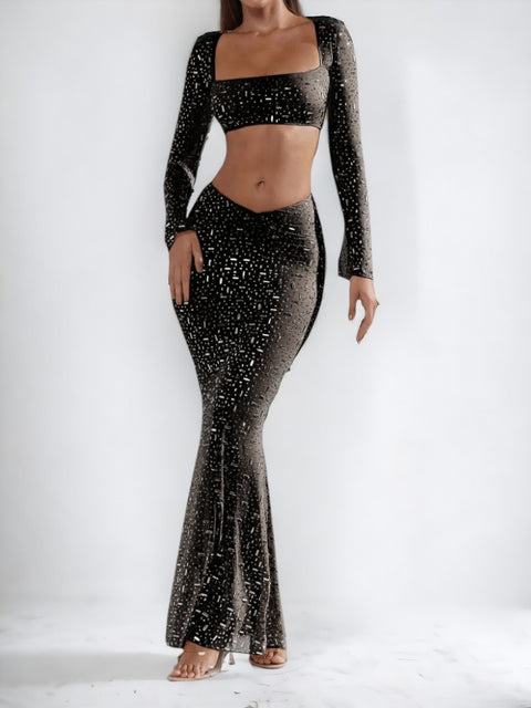 Sequin Rhinestone Two Piece Top And Pant black