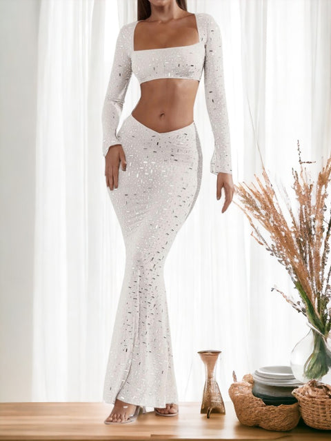 Sequin Rhinestone Two Piece Top And Pant white