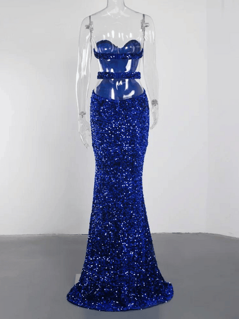 Blue Sequin Strapless Halter Dress