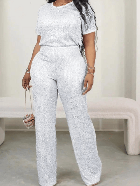 Sequin Two Piece Set Top And Pants white 