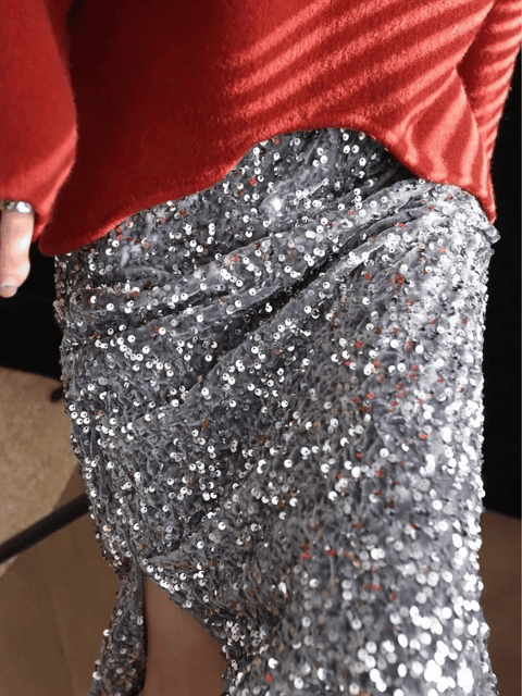 High Waisted Sequin Skirt With Back Slit gray