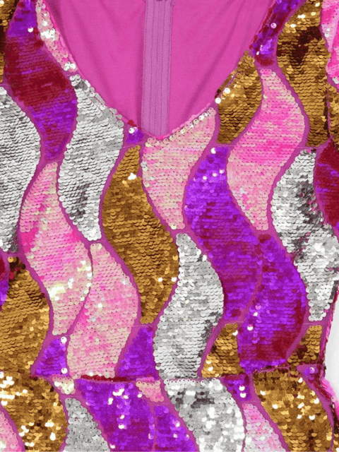 Purple Pink Sequin Dress With Feather Sleeves