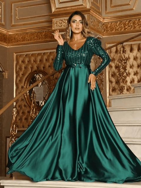 Green Striped Sequin Ball Gown Long Sleeve