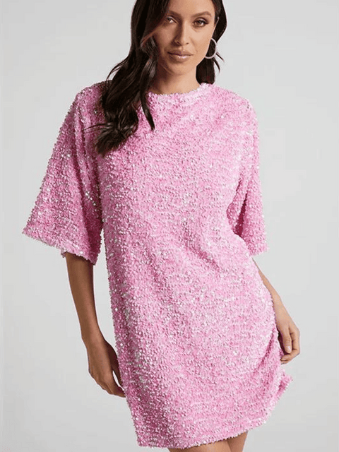 Sequin Halter Shirt Dress pink