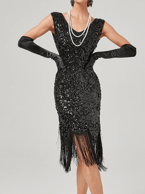 Black Mid Lenght Sequin Fringe Dress