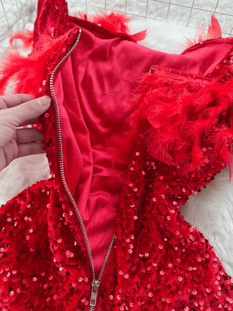Red Feather Sequin Dress