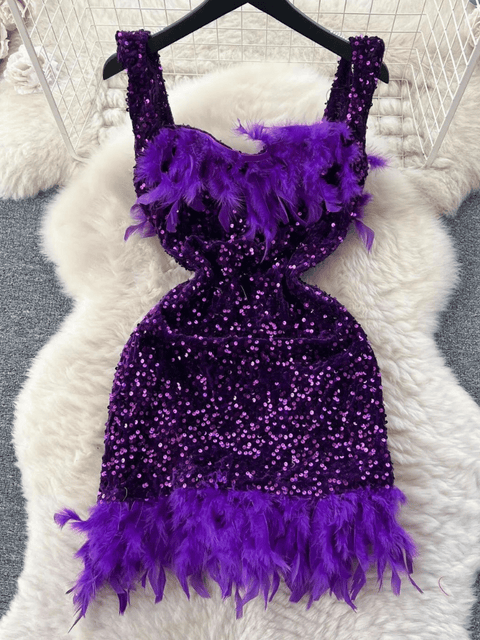 Purple Feather Sequin Dress
