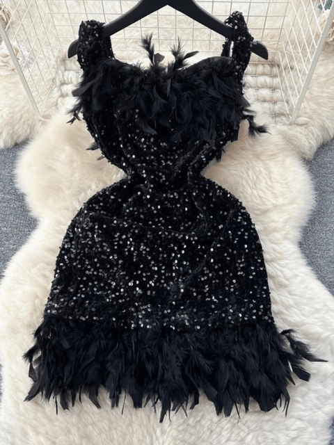 Black Feather Sequin Dress