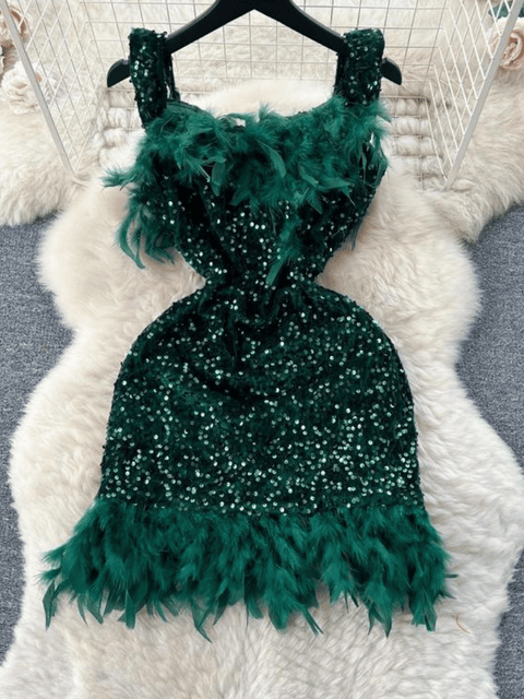Dark Green Feather Sequin Dress