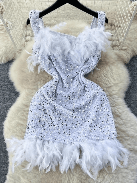 White Feather Sequin Dress