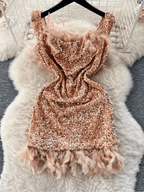 Champagne Feather Sequin Dress