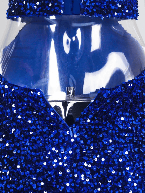 Blue Sequin Strapless Halter Dress