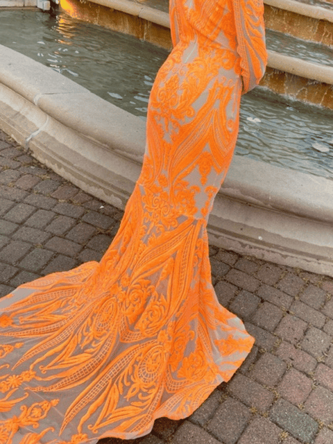 Orange Sequined Evening Dress