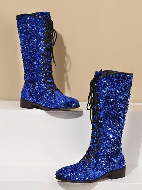 Blue Sequin Knee High Boots