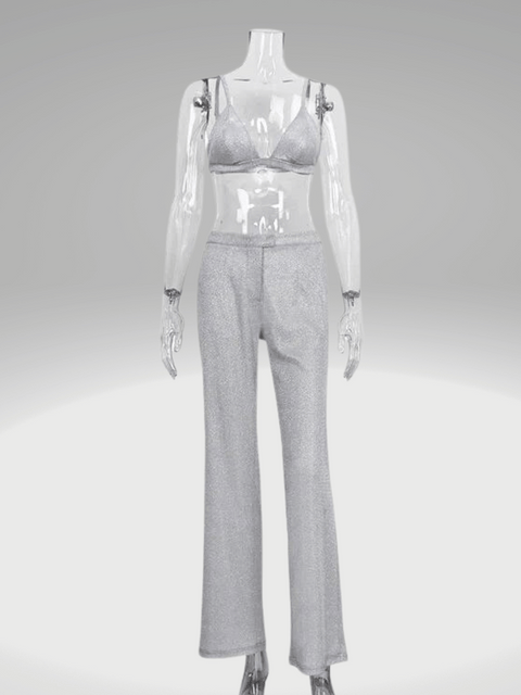 Silver Set Sequin Blazer Pants And Bra