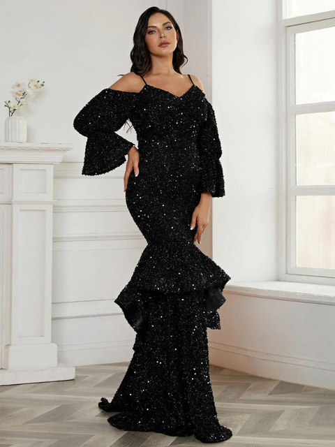 Black Sequin Dress With Flared Sleeves