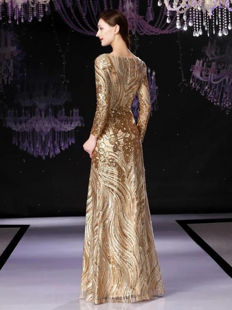 Long Sleeve Gold Sequin Dress