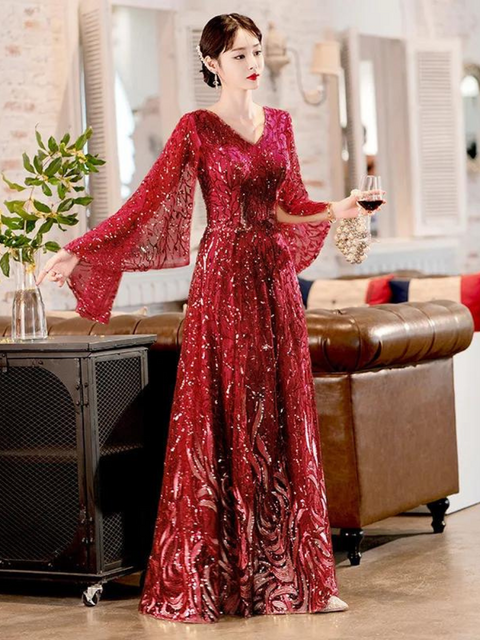 Long Sleeve Burgundy Sequin Dress
