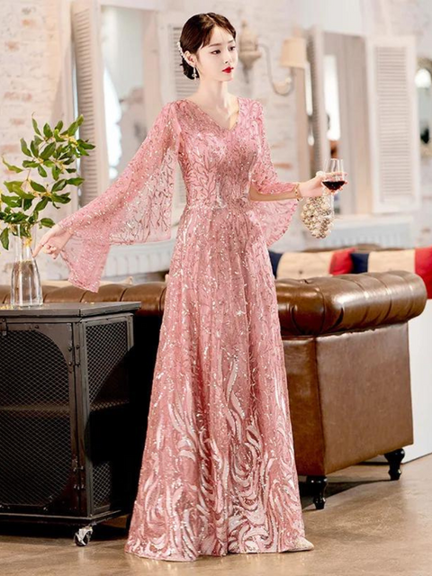 Long Sleeve Light Pink Sequin Dress