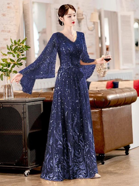 Long Sleeve Blue Sequin Dress