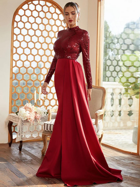 Long Sleeve Sequin Burgundy Dress