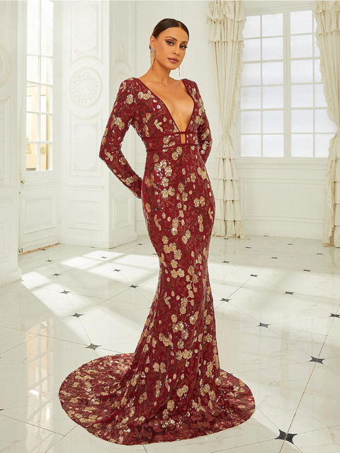Burgundy Sequin Dress With Gold Flower