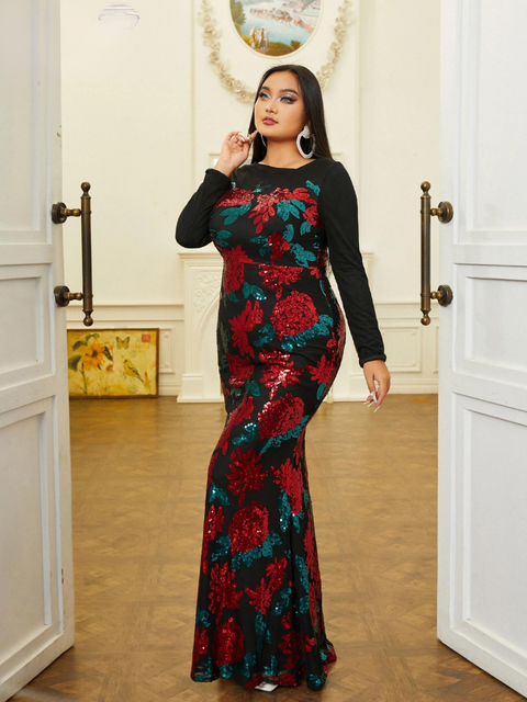 Plus Size Black Sequin Dress With Red Flowers