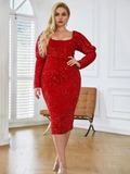 Plus Size Red Dress With Long Sequined Sleeves