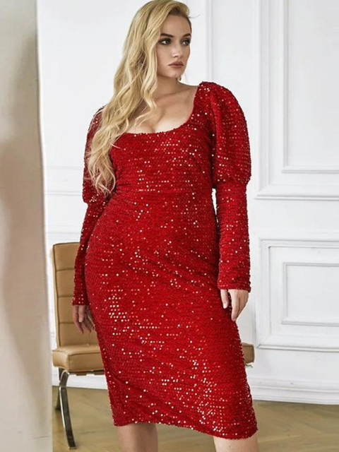 Plus Size Red Dress With Long Sequined Sleeves