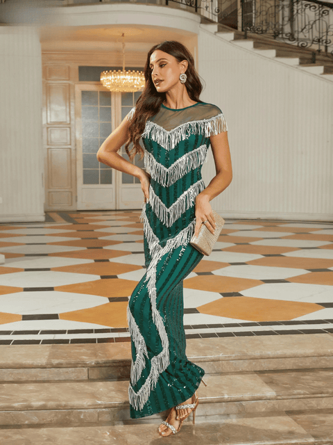 Green Sequin Dress With Fringe Silver