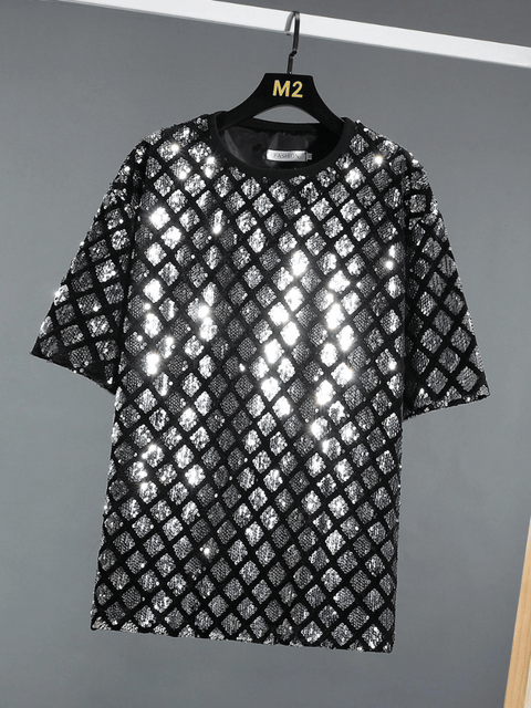 Silver Men's Sequined Checkered Shirt