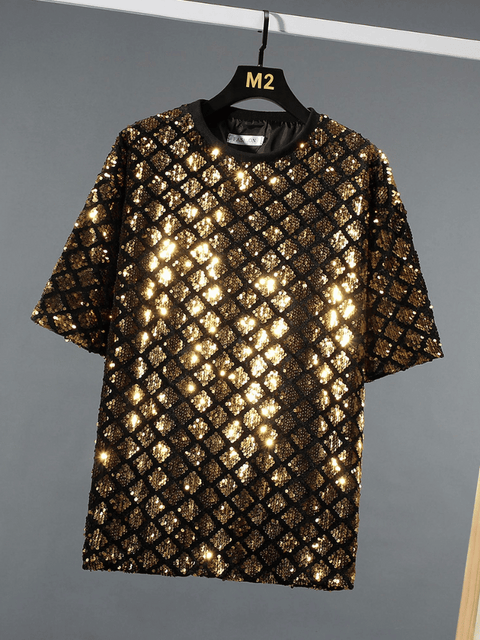 Gold Men's Sequined Checkered Shirt
