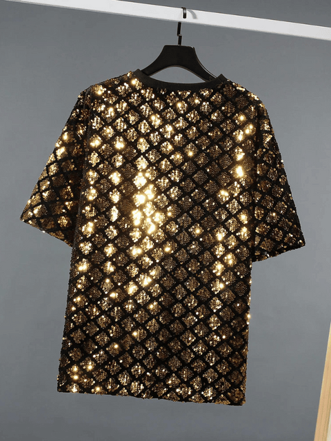 Gold Men's Sequined Checkered Shirt