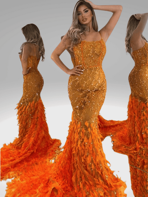 Feather Orange Sequin Prom Dresses