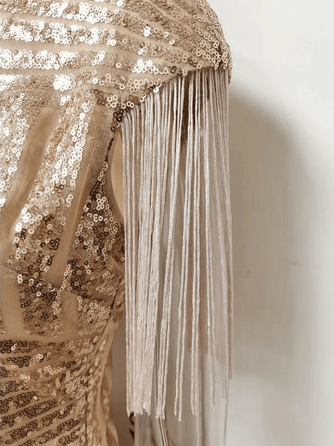 Mini Rose Gold Sequin Dress Sleeve Fringe