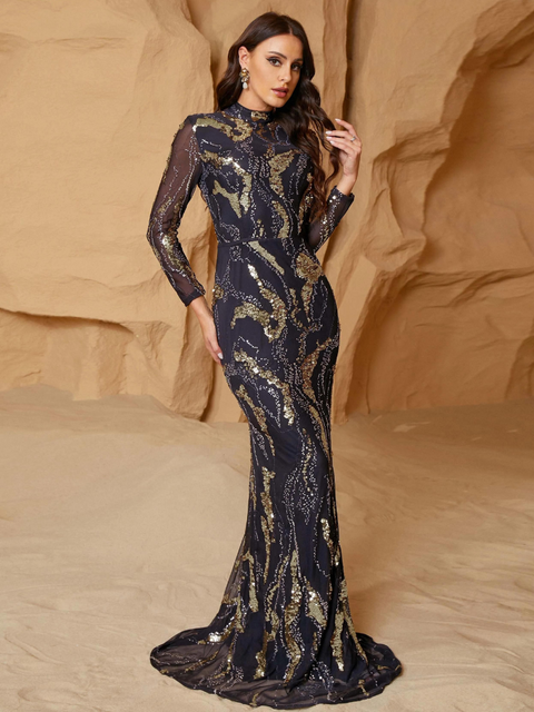 Black Gold Sequin Long Dress With Long Sleeve
