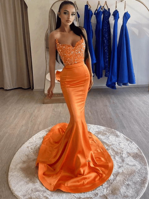 Orange Sequin Evening Dress