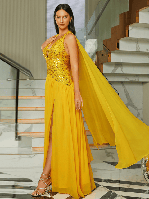 Yellow Sequin Dress With Cape