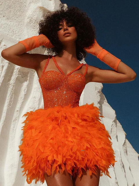 Orange Sequin Mini Dress Feather