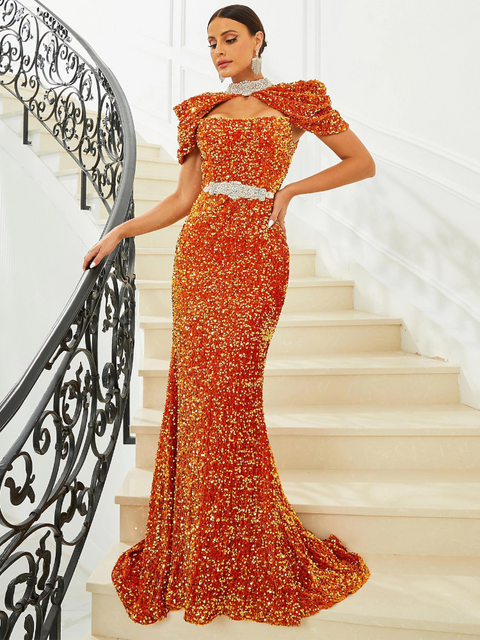 Orange Sequin Prom Dress