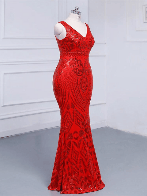 Plus Size Red Sequin V Neck Strapless Dress